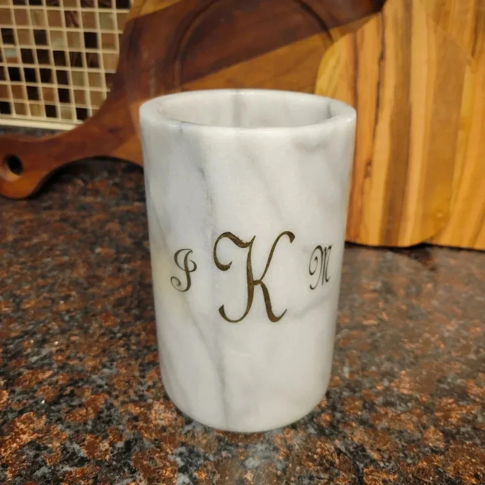 Genuine Marble Utensil Holder Crock Kitchen Modern Organic White Gray